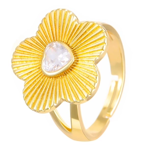 Elegante gouden bloemring met hartvormige zirkoon en verstelbare open band voor dames