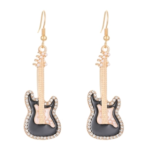 Elegante Gitarren-Ohrhänger im Punk-Stil mit schwarzer Emaille, Kristallen und Perlen