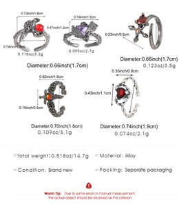 Detailed size specifications for 5-piece gothic punk red gem adjustable alloy ring set