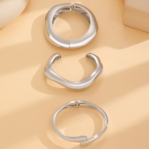 Minimalist silver wide geometric spring open bangles with high polish finish set