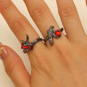 Macro shot of gothic punk rings featuring a red zircon and black crow skull design
