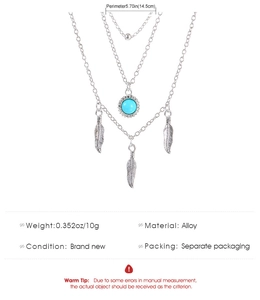 Detail view of multilayer silver alloy necklace featuring turquoise beads and feather charms