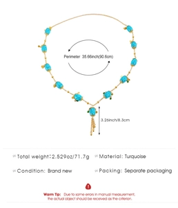 Detailed view of turquoise beaded necklace with golden flower pattern tassel and dimensions