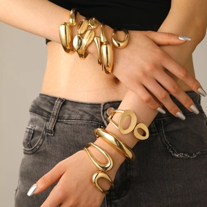 Exaggerated Chunky Alloy Metal Bangles For Women Vintage Gold Silver Plated Geometric Waterdrop Hammered Cuff Bracelets Jewelry