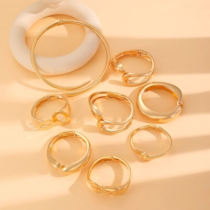 8-piece minimalist gold alloy jewelry set with choker and geometric open bangles