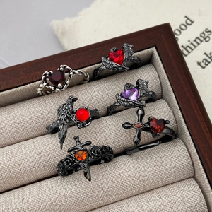 Gothic Punk Crow Heart Cross Wing Rose Open Rings For Men Women Dark Vintage Style Zinc Alloy Rhinestone Adjustable Finger Rings Jewelry