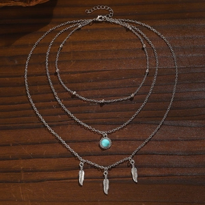 Detailed view of layered silver necklace with turquoise stone and three feather charms