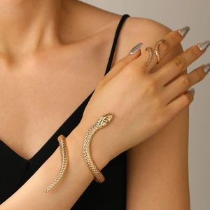 Détail de l'ensemble bracelet et bague serpent dorés avec texture d'écailles sur mannequin