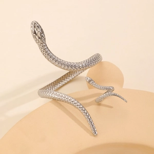 Détails de l'ensemble bracelet et bague serpent argenté avec texture d'écailles réalistes