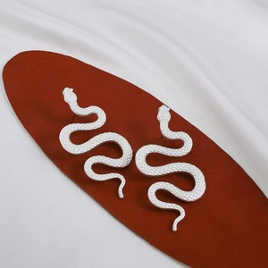 Macro detail of silver snake-shaped stud earrings with textured scale pattern