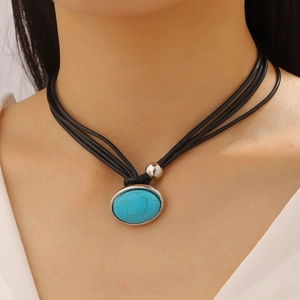 Minimalist turquoise pendant necklace with multi-strand black cord for women