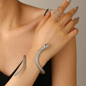 Ensemble bijoux serpent argenté ajustable comprenant un bracelet rigide et une bague