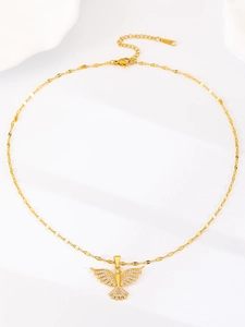 Detail view of gold phoenix necklace showing zircon wings and lobster clasp closure