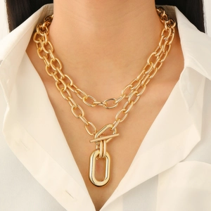Vintage Chunky Double Layer Chain Necklace Metal Toggle Clasp Oval Pendant Statement Choker Gold Silver Layered Jewelry For Women
