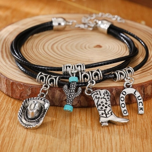Böhmische mehrlagige schwarze Kordelkette mit Vintage Silber Cowboyhut und Kaktus Anhänger