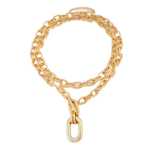 Double-layered gold paperclip chain necklace with large oval ring pendant for women