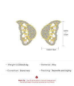 Detailed view of butterfly stud earrings with white rhinestones and pearls dimensions