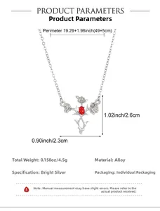 Detail view of silver heart necklace with red gem and rose thorn pendant dimensions