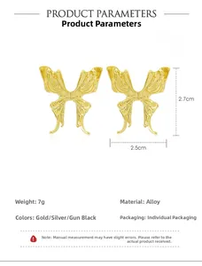 Detailed size and specs for hollow butterfly stud earrings with gold finish and alloy metal