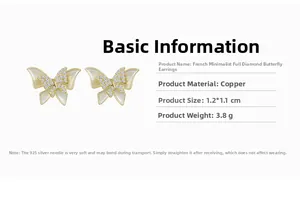 Macro detail of butterfly stud earrings showing rhinestones and 1.2x1.1cm dimensions