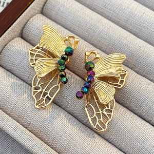 Exquisite hollow butterfly stud earrings with colorful crystals in gold plated finish