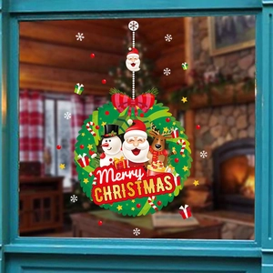 Christmas window decals set featuring Santa, snowman and reindeer in a festive wreath design
