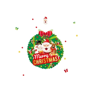 Detailed view of festive Christmas wreath wall sticker with Santa and snowman motifs