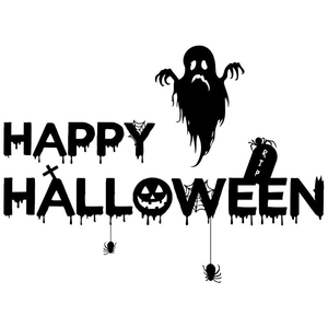 Detail of black Halloween wall decal featuring a ghost, spider, and Happy Halloween text