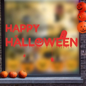 Bloody red Halloween window decals with Happy Halloween lettering and spooky icons