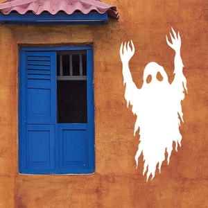 White ghost Halloween wall decal for window and home decoration on orange background