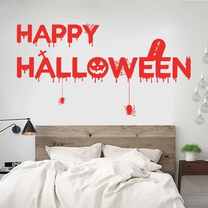 Vibrant red Happy Halloween wall decal set featuring spiders, pumpkins and spooky motifs