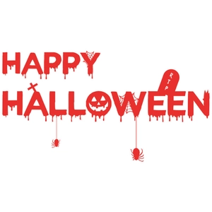 Detail of red Happy Halloween wall decal with spooky spiders, pumpkins and tombstones