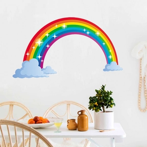 Cartoon rainbow wall sticker with clouds and stars for colorful nursery room decoration
