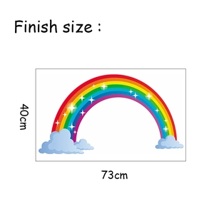 Detailed dimensions of rainbow wall sticker showing 73x40cm finish size for kids rooms