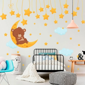 Cute Cartoon Bear Moon Stars Wall Stickers PVC Removable Decals For Kids Room Nursery Bedroom Kindergarten Decor