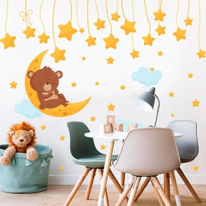 Cartoon sleeping bear on moon wall decals with stars and clouds for kids' room