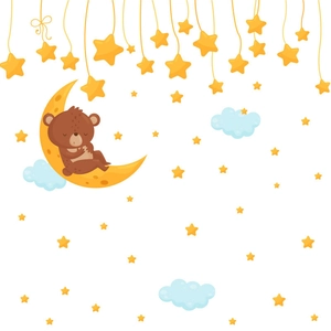 Cute brown bear sleeping on yellow moon wall sticker with stars and blue clouds decor