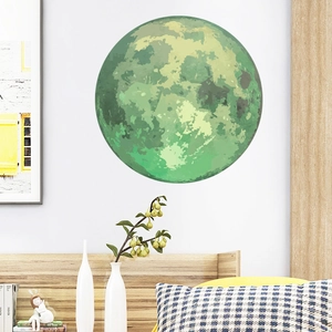 Detailed view of luminous watercolor moon wall sticker in a minimalist room interior decor