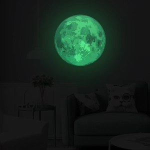 Luminous 30cm green watercolor moon wall sticker with realistic lunar craters