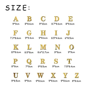 Size guide for acrylic 3D mirror letter wall stickers showing detailed dimensions for A-Z
