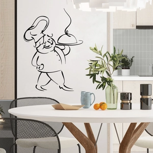Creative chef wall decal with hat and serving tray in a minimalist kitchen decor