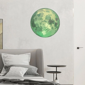 Luminous moon wall sticker showing glowing craters in a modern bedroom setting