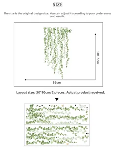 Detail of green leaf wall sticker showing 101.5x56cm layout and 30x90cm sheet dimensions