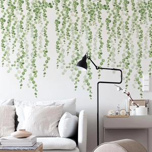 Modern PVC Green Hanging Leaf Wall Stickers Removable Watercolor Plant Wall Decals For Living Room Bedroom Home Decorative Stickers