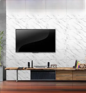 Detail view of self-adhesive white marble texture PVC wall panel for TV background