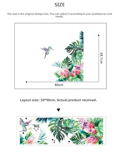 Detailed size chart for tropical bird wall stickers with 30x90cm layout and 60x68cm final look