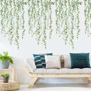 Watercolor green hanging plant wall decals for a minimalist home living room background