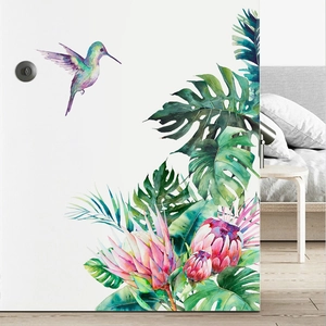 Tropical wall sticker with hummingbird, monstera leaves, and protea flower in watercolor
