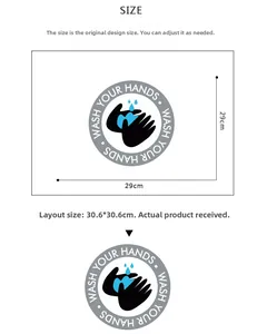 Size guide for round waterproof PVC Wash Your Hands wall sticker showing 29cm diameter detail