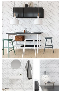Self-adhesive white marble vinyl wall tiles applied in bathroom and kitchen scenes